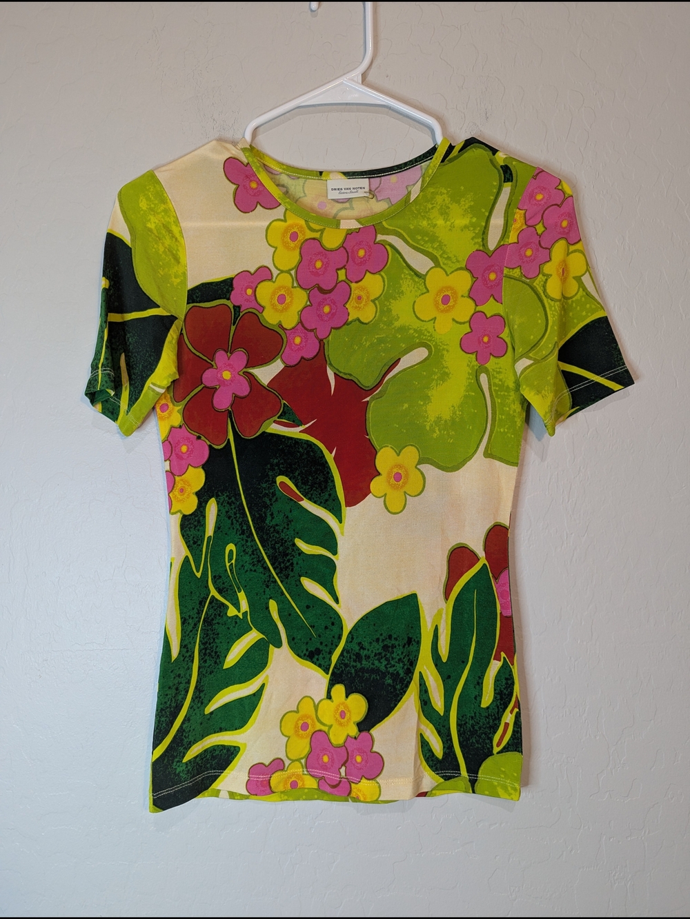 Dries Van Noten Green, Pink & Yellow Floral Short Sleeve Tee - Size XS